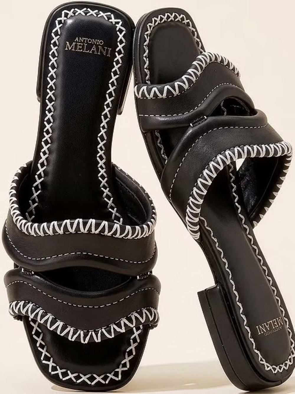 ANTONIO MELANI Black Slide Sandals with White Whipstitch